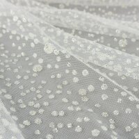 Feintüll mit glitzernden 3D Punkten, Farbe Ivory-Silber